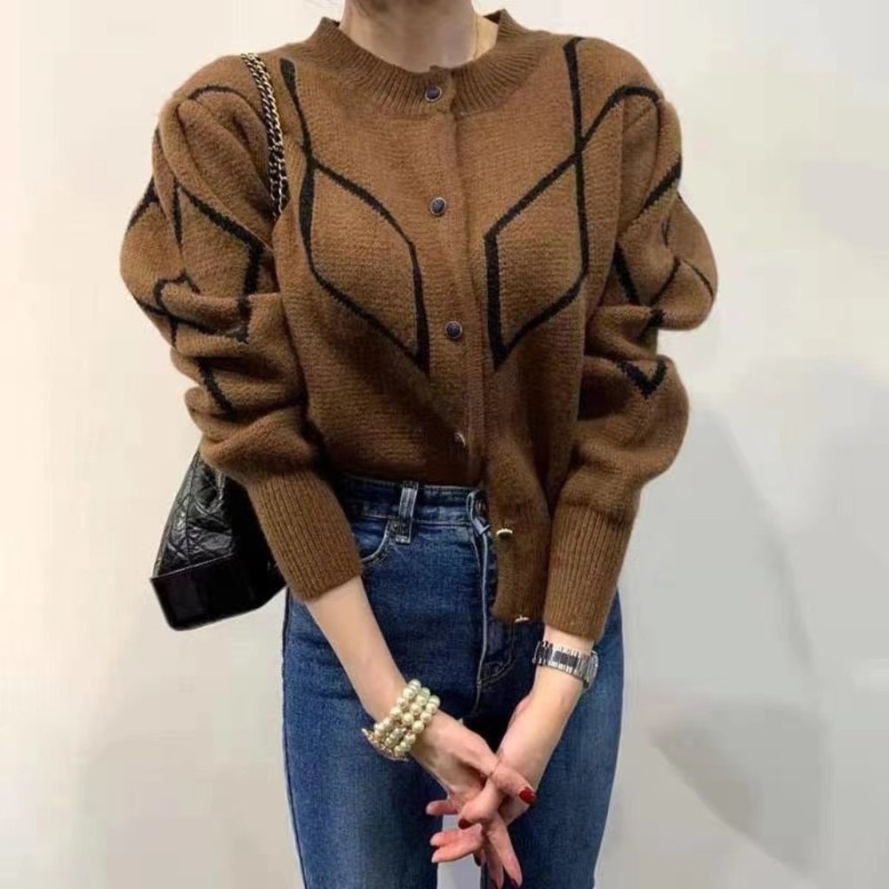 Brand New-Korean Fashion-Diamond Print Cardigan